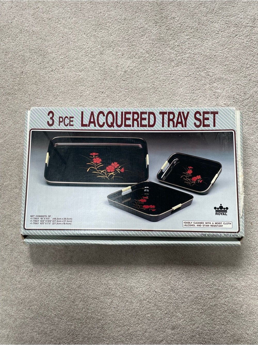 3-Piece Black Lacquered Tray Set with Red Floral Design